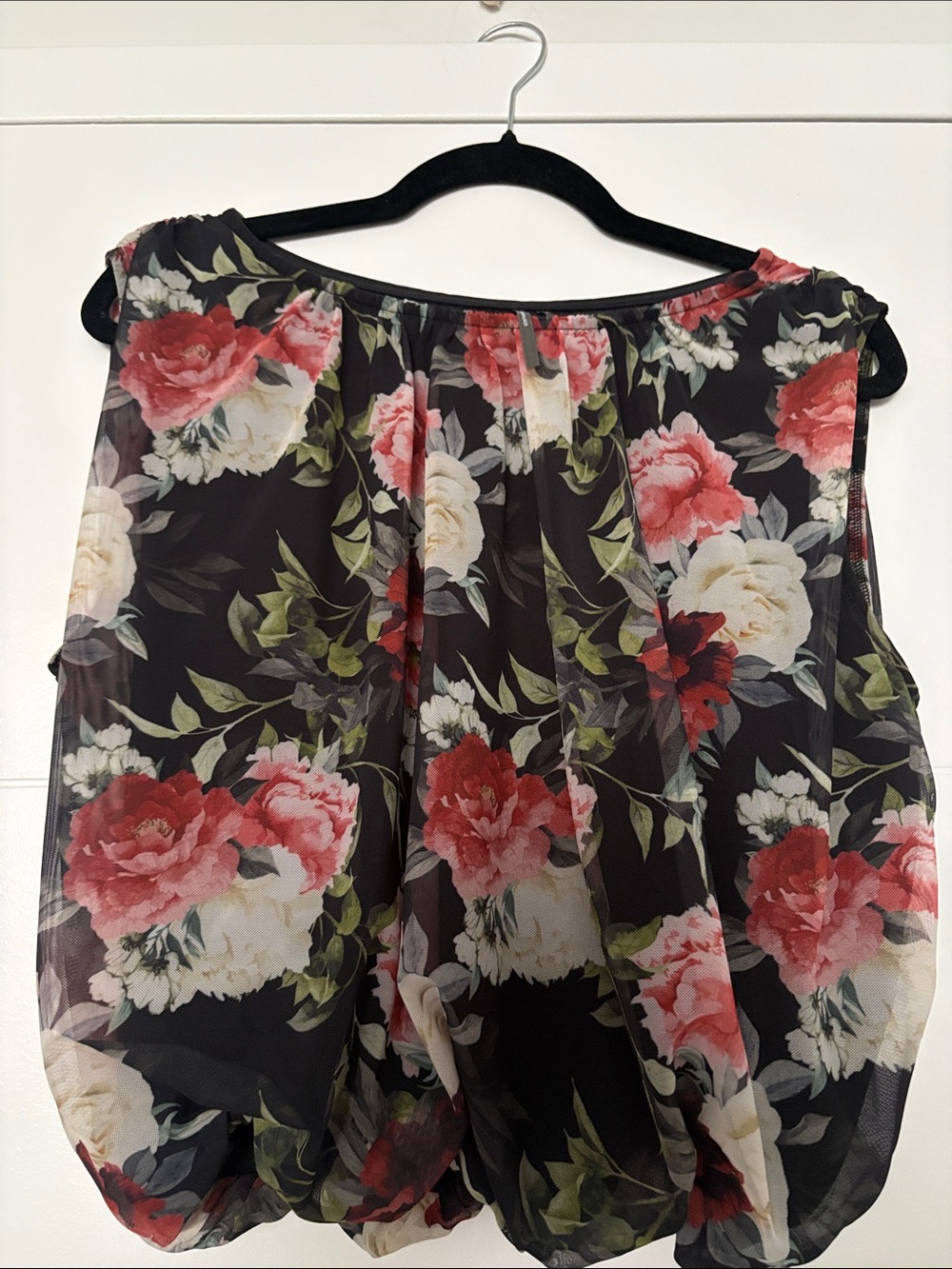 Anthropologie Black Floral Off-Shoulder Bubble-Hem Top